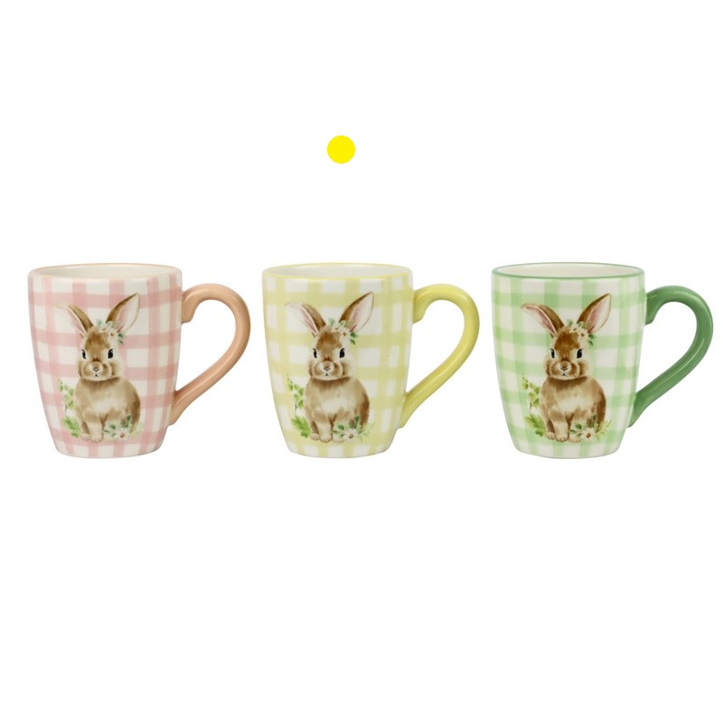 Tazza mug in ceramica gialla a quadretti con coniglietto, perfetta come regalo di Pasqua